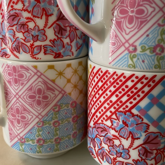 Vintage Set-of-4 Patchwork Quilt Design 8-ounce stackable porcelain mugs, Japan - Picture 13 of 14